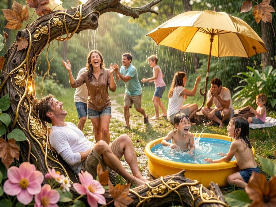 A digital image created by Wombo Dream using this prompt: An image with a variety of people of different ages and scenarios doing activities in the summer rain. Some are playing, some are leaning back and letting it fall on their face while they enjoy it, some are splashing and laughing, some are huddled under a large umbrella, and some are letting the rain fill up a kiddie pool while they swim in it. It's all fun and warm and the atmosphere is amazing and pretty. Beautifully lit HDR sets it all perfectly. 