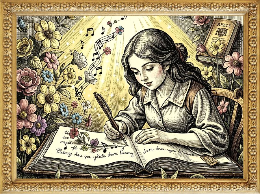 A digital image created by Wombo Dream AI. A young girl writing in a journal using “The Cut” filter to make the image look like newsprint with slight colorization. The brunette girl has flowing hair and a fancy pen while writing in a large journal. As she writes, streams of music notes, flowers, and Bibles stream from her pen. Around her and on her desk are beautiful flowers and vines with a perfect splash of color. 