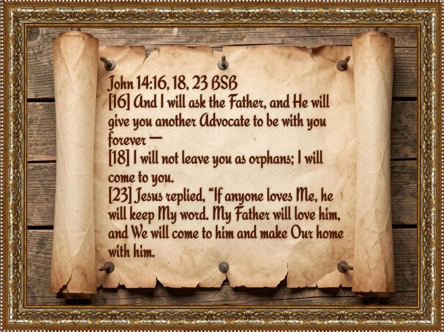 A digital image of a parchment scroll nailed to wooden planks as created by Wombo Dream AI. On the scroll are the following Bible verses: John 14:16, 18, 23 BSB
[16] And I will ask the Father, and He will give you another Advocate to be with you forever — 
[18] I will not leave you as orphans; I will come to you. 
[23] Jesus replied, “If anyone loves Me, he will keep My word. My Father will love him, and We will come to him and make Our home with him. With a link to the Bible website at... https://bible.com/bible/3034/jhn.14.16-23.BSB I have listed this image as Creative Commons Zero (CC0) so people can share it freely since the Bible version used is also public domain. 