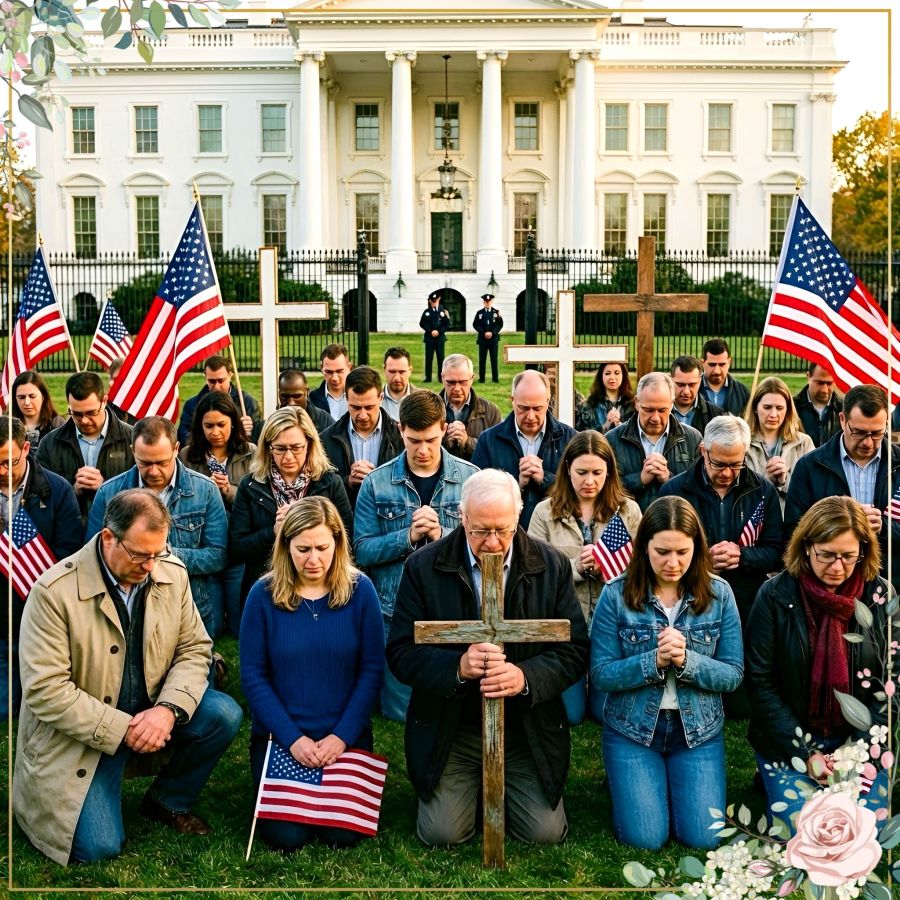 Digital image created by Bing Image Creator of people praying at The White House on their knees while holding crosses and American flags. This representa the May 17th day of prayer for rededication of ourselves and our country to God in celebration of 250 years as a nation. 
