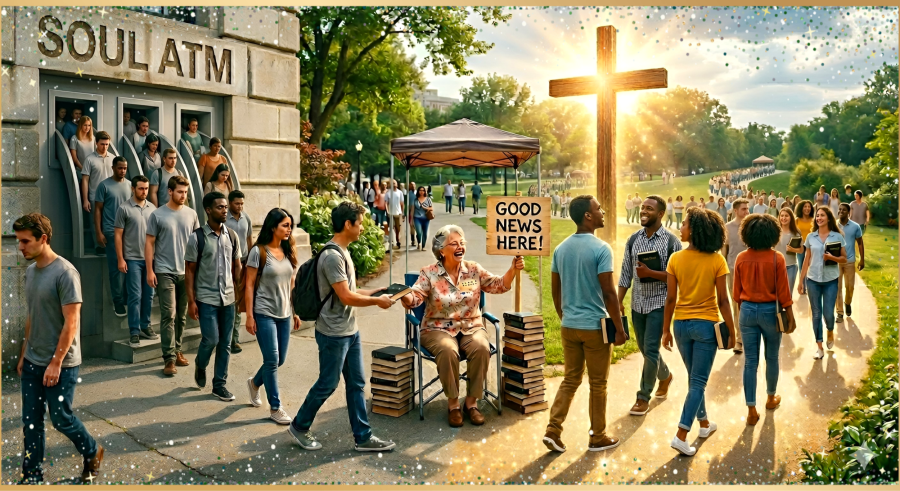 Image by Gemini AI of... A wide, symbolic outdoor scene split into a sequential spiritual journey. On the far left, a stone building features prominent engraved text reading “SOUL ATM.” A steady stream of somber-faced, diverse everyday people emerge from mechanical, chute-like doors of the building, carrying nothing in their hands.
In the center, under a small pop-up canopy, an elderly, joyful woman with short white hair and glasses sits in a blue folding chair, holding up a wooden sign that reads “GOOD NEWS HERE!” Beside her chair are tall stacks of Holy Bibles. She excitedly hands a Bible to a young man who has stepped out of the crowd to encounter her.
On the right side, the progression continues onto a new path bathed in bright, sparkling sunlight. The people who have received Bibles are now facing away from the woman and walking joyfully toward a massive, radiant wooden cross glowing on a hill in the background. They are holding their Bibles close, smiling brightly as they journey toward the light.
