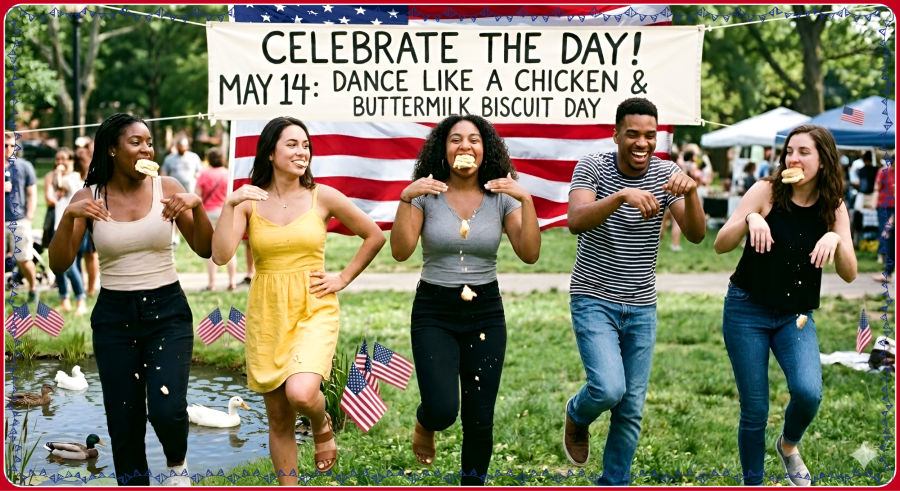 A digital AI image created by Google Gemini: A humorous outdoor festival scene celebrating May 14th. A line of five diverse young men and women are doing the "Chicken Dance" with their arms akimbo while comically trying to eat large buttermilk biscuits. Behind them hangs a large "CELEBRATE THE DAY!" banner in front of a massive American flag. In the foreground, a small pond with several ducks (including a mallard and white ducks) sits next to small American flags planted in the grass.