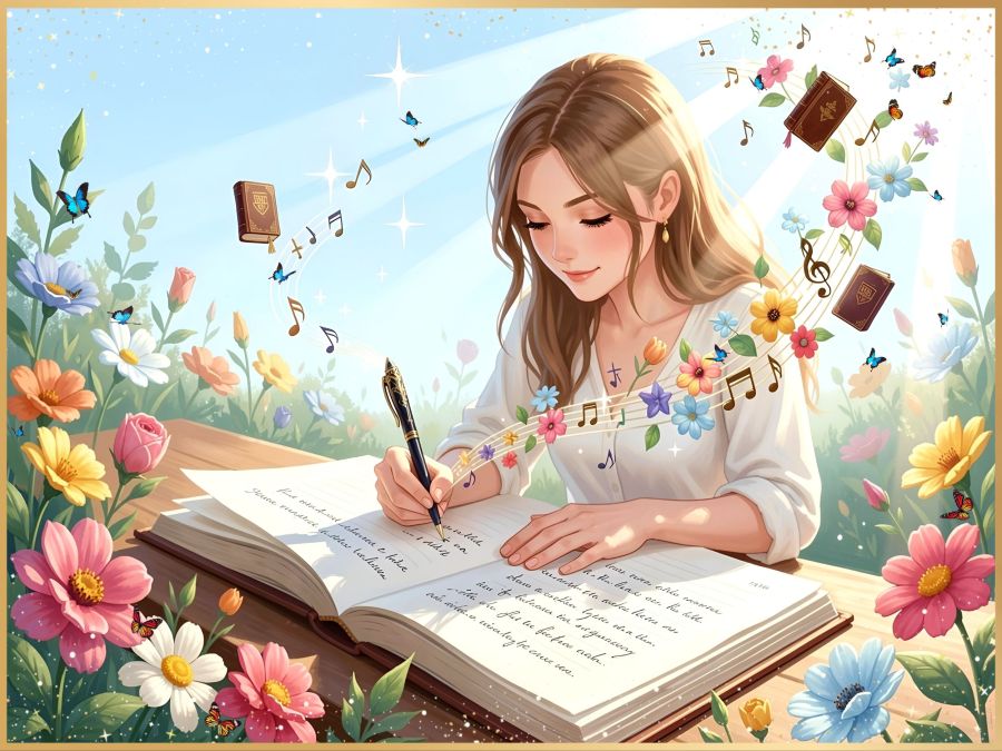 A framed Image created by Wombo Dream AI and edited in Photo Studio Pro app. Using this prompt::“A young yet modest writer using a fancy pen to write poetry in a large journal. She is surrounded by colorful flowers and rays of sparkling sunshine as she converts her words into musical prose. Music notes and small Bibles and flowers flow from the sunshine into her ink pen and onto the pages as they swirl around her.” Used “Optimistic V4” filter for blue skies with yellow sunshine and spring colored flowers. 