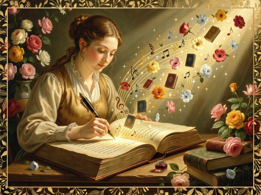 Digital image created by Wombo Dream AI of a young woman writing verses in a large book while she sits at a big, beautiful desk. Her hair is pulled back neatly, and she wears a baroque style dress and she focuses on her pen. From her pen is streaming light, flowers, and small Bibles. 