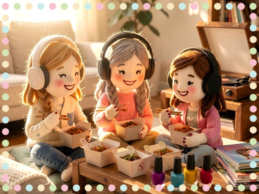 A digital image created by Wombo Dream AI with the “knitting” filter and the prompt: A living room scene with boxes of Chinese food sitting on a long coffee table. Next to the food are colorful bottles of nail polish and a stack of records. A record player spins in the background, and the family members are smiling because they love the music and they all have newly painted fingernails. It's a mother and her two preteen daughters, and they are sitting on pillows on the living room floor next to the coffee table. They are all wearing big headphones and listening to music while eating Chinese food from paper containers using wooden chopsticks. 