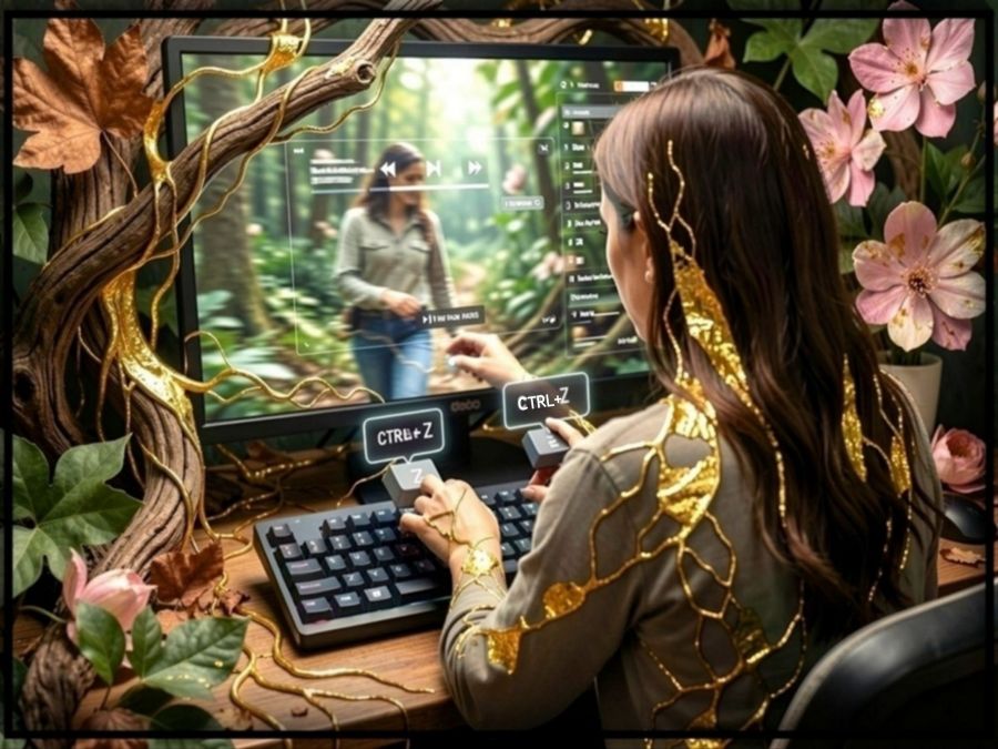 A girl sits at a garden desk watching her life play out before her on a computer screen. Her hands hover over giant CTRL Z buttons as she watches for moments in her life when she feels regret and just wants to undo them. Digital image created by Wombo Dream AI with the botanical filter using the prompt: “A person from the back sitting at a desk with life playing out in front of them like it's on a computer screen but it's not, it's real life playing across the view they see in front of them. The person has a large computer keyboard in front them and is hovering over the CTRL + Z keys to undo uncomfortable moments in life. You can see the fast forward and rewind events happening in front of them as they try to fix moments in life.”