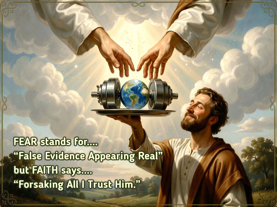 A smiling man in a baroque robe stands in a pastoral field with a peaceful smile on his face. He's smiling because he's passing along the “weight of the world” to The Lord, as illustrated by a globe of Earth nestled into a dumbbell on a tray he's handing to two hands reaching out of the clouds. Digital image created by Wombo Dream AI. Text on image reads: FEAR stands for….
“False Evidence Appearing Real”
but FAITH says….
“Forsaking All I Trust Him.”