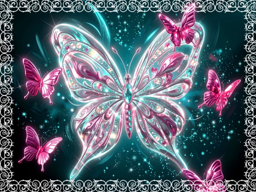 A digital image created by Wombo Dream AI of a transparent jeweled butterfly in silver and turquoise and surrounded by metallic pink butterflies on a glowing black and turquoise background. 