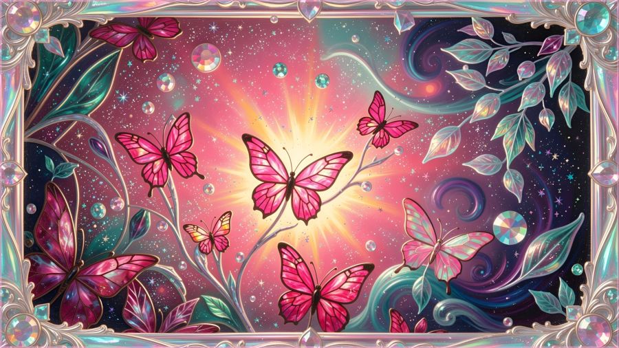 Digital AI-generated art by Wombo Dream AI of butterfly scene in a vibrant stained glass style featuring multiple highly detailed butterflies with colorful wings, enclosed within an ornate, matching stained glass border frame.