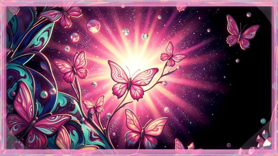 Dynamic AI-generated artwork by Wombo Dream AI depicting a colorful explosion or burst of multi-hued butterflies radiant with light over a deep dark background, symbolizing vibrant transformation and spiritual metamorphosis.