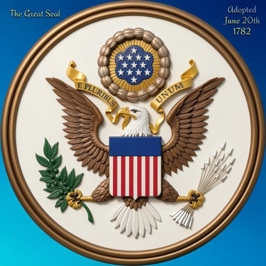Digital art of the Great Seal of the United States, edited with a 3D effect using Wombo Dream AI to give the eagle and shield texture. Set against a smooth gradient background with the words “The Great Seal” and “Adopted June 20th, 1782” added in clean text.