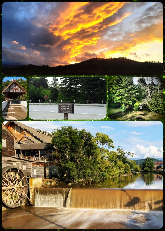 A five-photo travel collage of the Great Smoky Mountains area. The top image captures a dramatic November sunset with the sun below the horizon, casting a fiery orange glow on the undersides of a burst of clouds hovering over a shadowed mountain ridge. The middle section contains three side-by-side photos: the Townsend covered bridge on the left, an official national park sign marking the Tennessee and North Carolina state line in the center, and a vibrant view of lush greenery and pine trees taken with a dramatic camera filter on the right. The bottom image shows the exterior of The Old Mill Restaurant, featuring a slow-shutter shot of the mill wheel and waterfall. The river above the falls forms a still mirror reflecting blue skies and green trees, while the water rushing over the falls is a muddy brown from springtime runoff, with the restaurant's name visible on the wooden roof.