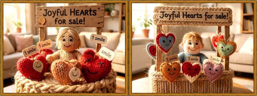 A two-photo digital collage featuring cozy, textured images of vendors selling knitted, plush red hearts with stitched smiles and price tags that read One Smile, created using the Wombo Dream Knitting filter.