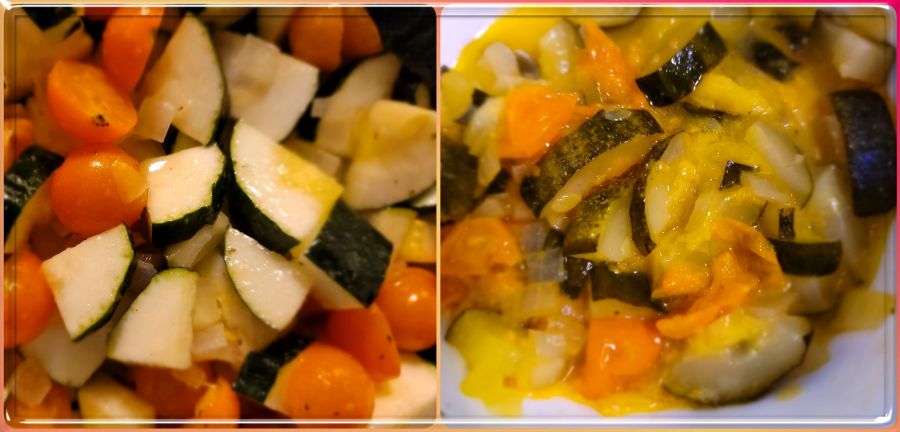 Side by side collage of diced zucchini and yellow tomatoes ready to be cooked and then fully cooked. 