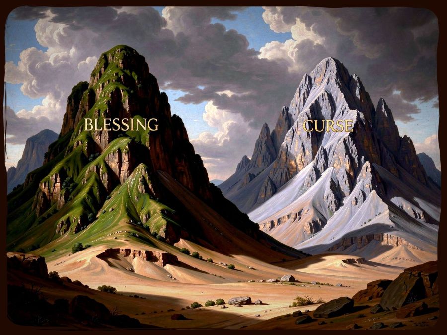 A framed picture of two giant mountains standing in the midst of the desert. One has the name blessing and the other has the name curse. Digital image created by Wombo Dream AI using the prompt: Two ancient mountains stand in the midst of the desert. One is lush and green. The other is barren and gray. Each mountain bears a name that describes its purpose. The green mountain is called “BLESSING” and the gray mountain is called “CURSE.”