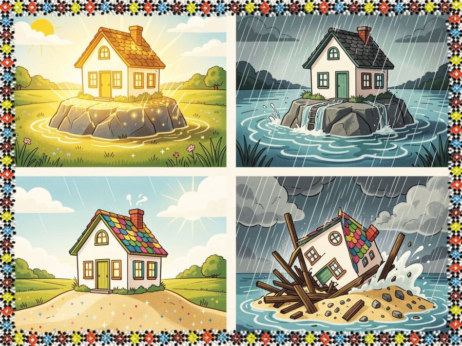 Digital image created by Wombo Dream AI with the prompt: 4 panel drawing
Panel 1 has a cute house on a sunny day built on a solid rock foundation in the middle of a beautiful field. The rock is filled with light and gold and it creates glowing light that fills up the house. 
Panel 2 has the same house on the same solid rock foundation in the middle of a strong rainstorm. The rain is causing flooding, but the house is standing solid and still filled with light from the rock. 
Panel 3 has an adorable house with cute windows and colorful shingles on a sunny day, but no light in the windows and it's built on a pile of sand. The sand has pretty sparkles in it. It looks like paradise. 
Panel 4 has the same adorable house on the hill of sand but now it's in the powerful rainstorm with flooding that's making the sand foundation flow away and causing the house with no light to fall over on its side and collapse into a heap of broken wood and crushed rubble. 