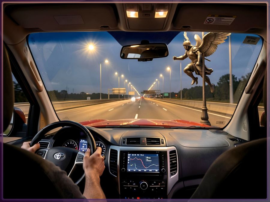 Am image of the hood of a vehicle as seen from inside the cab of a vehicle with the driver looking out and driving with hands on the wheel. In the air near a streetlight is a golden warrior angel with wings. It's getting ready to jump on the hood of the car. The digital image is created by Wombo Dream AI from a text prompt and with the “Realistic V4” filter. 
