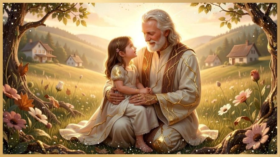 A digital image created by Wombo Dream AI using the prompt: “A young girl sitting safely and peacefully on the kneeling lap of a kind, radiant Holy Father figure with radiant hair and clothed in glowing light. He kindly holds her hands and looks at her with fatherly love and kindness, and she looks at Him with the love and trust only a daughter could feel. They are surrounded by a soft golden hour meadow with small family homes scattered across the small hillsides, deep emotional warmth, fatherly protection and love, pastoral scene, HDR, beautifully lit, beautiful digital painting, spiritual art style.” I used the botanical filter, so the scene includes golden vines and large pieces of driftwood with flowers as a framing device, then I used Photo Studio Pro to add a sparkling golden frame. 