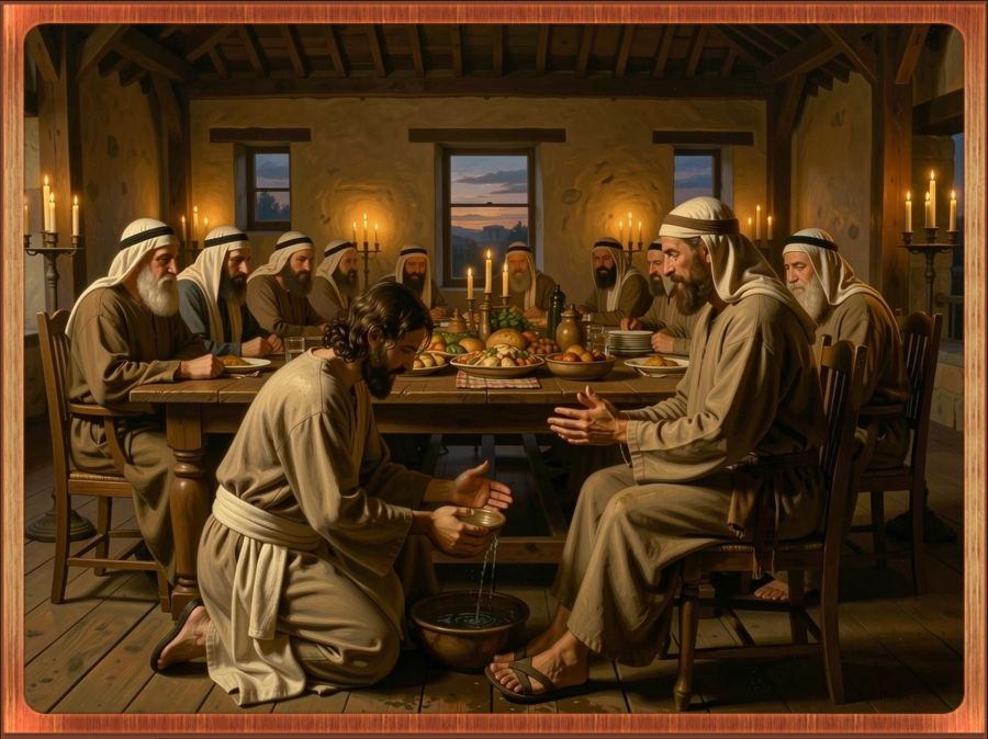 A digital image created by Wombo Dream AI with the prompt: A large room on the second floor of an ancient building. It's large enough to host 120 people. It's got high wooden ceilings and a strong wooden floor. In the middle of the room, 12 men in biblical attire are reclining at a huge wooden table covered with foods from a Passover meal. All of the men in the room are wearing Jewish head coverings. On the front side of the table, Jesus is kneeling humbly to the floor with a towel wrapped around his waist as he sits on the floor in front of Peter the apostle. Peter is sitting on a chair in front of Jesus and you can see his sandal-clad dirt-covered feet. Jesus has a bowl of water between them as He explains to Peter His plans to serve him by washing Peter's feet, but Peter holds up his hands in opposition because he thinks he should be the one washing Jesus' feet. The dusk has settled and the room is lit by large candles on tall stands and on the table. 