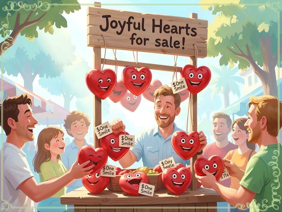 A whimsical digital drawing of a vendor selling smiling red hearts with price tags that read One Smile under a bright blue sky, created using the Wombo Dream Optimist filter.