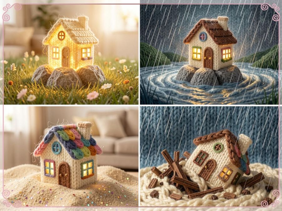Digital image created by Wombo Dream AI in the “knitted” filter and using the prompt: 4 panel drawing
Panel 1 has a cute house on a sunny day built on a solid rock foundation in the middle of a beautiful field. The rock is filled with light and gold and it creates glowing light that fills up the house. 
Panel 2 has the same house on the same solid rock foundation in the middle of a strong rainstorm. The rain is causing flooding, but the house is standing solid and still filled with light from the rock. 
Panel 3 has an adorable house with cute windows and colorful shingles on a sunny day, but no light in the windows and it's built on a pile of sand. The sand has pretty sparkles in it. It looks like paradise. 
Panel 4 has the same adorable house on the hill of sand but now it's in the powerful rainstorm with flooding that's making the sand foundation flow away and causing the house with no light to fall over on its side and collapse into a heap of broken wood and crushed rubble. 