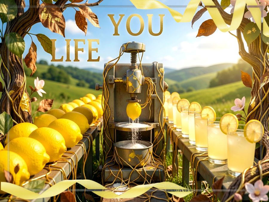 A digital image created by Wombo Dream AI with the prompt: “An assembly line of perfectly shaped lemons on the left. They're heading toward a machine where the lemons will get squeezed and have sugar added. On the right side of the machine is an assembly line of glasses of fresh lemonade with a slice of lemon in each glass. Above the lemons on the left is the word text:"LIFE" and above the machine adding sugar to make lemonade is the word text:"YOU" The scene is pleasant with blue skies and sunshine above both assembly lines and green rolling hills in the distance.” This image is done with the Botanical filter, so that adds driftwood, golden vines, and flowers throughout the image. 