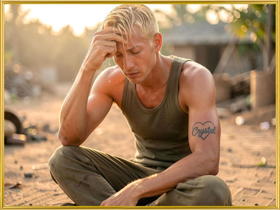 A digital image creation of a soldier by Wombo Dream AI using the golden hour filter and the prompt: A blond Vietnam soldier wearing a ribbed tank top and sitting cross-legged on the ground after a hard day's work. One arm wipes sweat from his forehead. On his other arm you can see a tattoo of the name text:"Crystal" outlined with a heart.