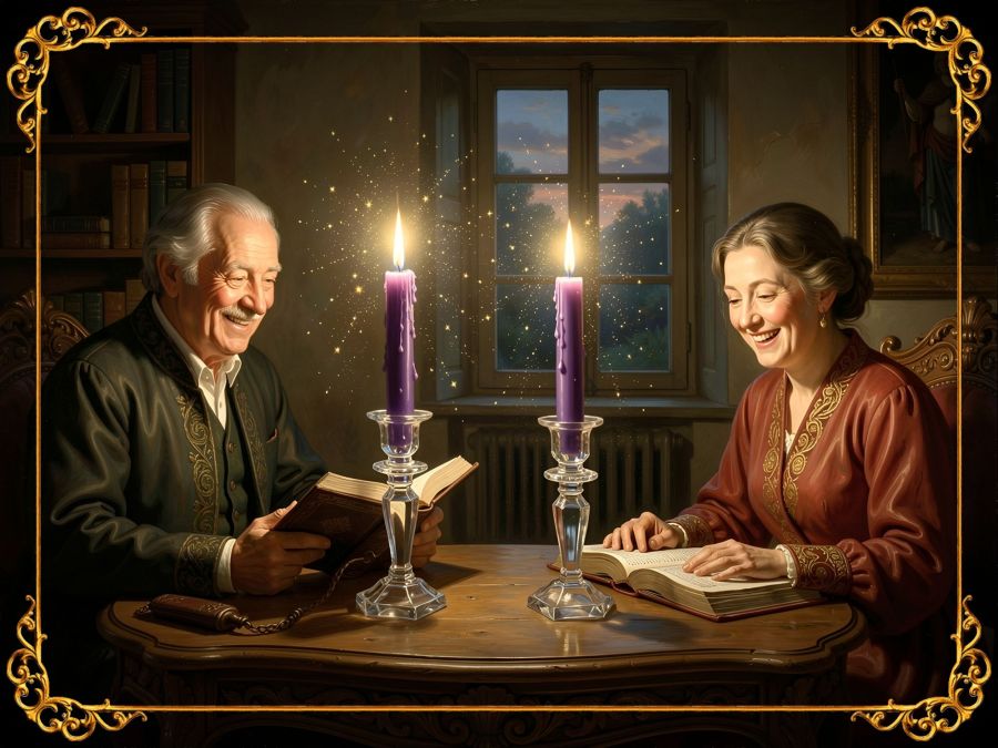 A digital image creation of an older couple enjoying a time of reading Torah and Bible together by the light of 2 purple Sabbath candles. The candles sparkle and glitter in their crystal candlestick holders. The couple is all smiles and filled with joy. The AI image was created by Wombo Dream AI with the baroque filter. 
