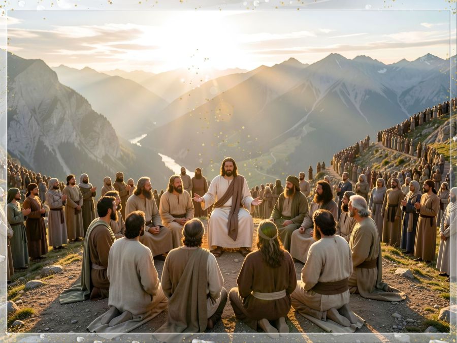 A digital image created by Wombo Dream AI with the prompt: Jesus sits on the ground on a high mountain top with His 12 disciples gathered in a semicircle right in front of Him. He is teaching them deep lessons about blessings and woes. The valley below the mountain and the sides of the mountain are filled with many people trying to hear the lessons for themselves, though Jesus is teaching the disciples how to teach the people when it is their time. Pastoral setting. Beautiful sky and sun rays. Listing photo at CC0 (public domain) to allow anyone to use it without crediting my name or prompts. 