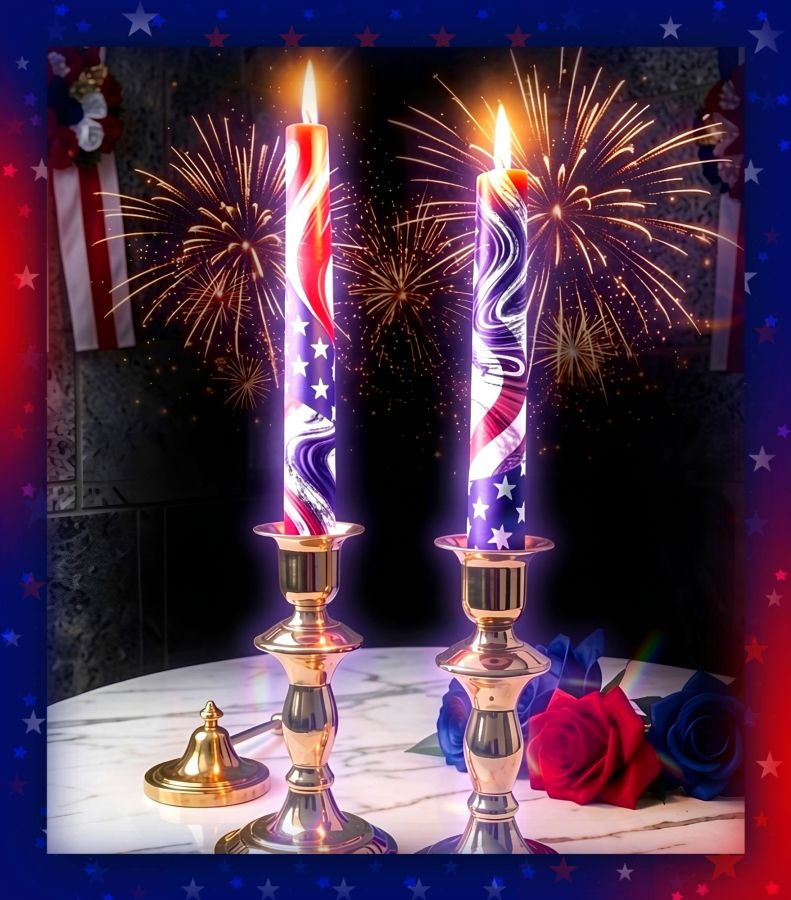 An ethereal swirl of red white and blue on candles in a digital image created by Wombo Dream AI using the Vibrant Void filter and the prompt: "2 patriotic Candles with red and white stripes plus white stars on blue like the USA flag. They are in ornate golden candlesticks burning with a soft glow that illuminates the air around them with sparkling fireworks. The candlesticks should be sitting on a beautifully polished high quality marble table and some silky patriotic flowers of red white and blue should be sitting on the table near the candles. The walls in the room should be gray granite stonework and festive patriotic decorations. The candle flames are peaceful and beautiful." 