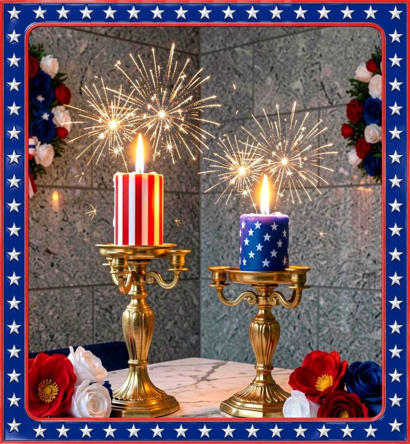 Two short fat candles burn to create a firework atmosphere on a marble table. It's a digital image created by Wombo Dream AI and using the prompt: "2 patriotic Candles with red and white stripes plus white stars on blue like the USA flag. They are in ornate golden candlesticks burning with a soft glow that illuminates the air around them with sparkling fireworks. The candlesticks should be sitting on a beautifully polished high quality marble table and some silky patriotic flowers of red white and blue should be sitting on the table near the candles. The walls in the room should be gray granite stonework and festive patriotic decorations. The candle flames are peaceful and beautiful." 