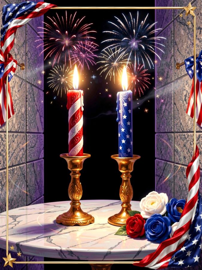 One red and white striped candle and one blue candle with white stars. They are in digital image created by Wombo Dream AI and using the prompt: "2 patriotic Candles with red and white stripes plus white stars on blue like the USA flag. They are in ornate golden candlesticks burning with a soft glow that illuminates the air around them with sparkling fireworks. The candlesticks should be sitting on a beautifully polished high quality marble table and some silky patriotic flowers of red white and blue should be sitting on the table near the candles. The walls in the room should be gray granite stonework and festive patriotic decorations. The candle flames are peaceful and beautiful." The candles are dripping but the colors don't run. 