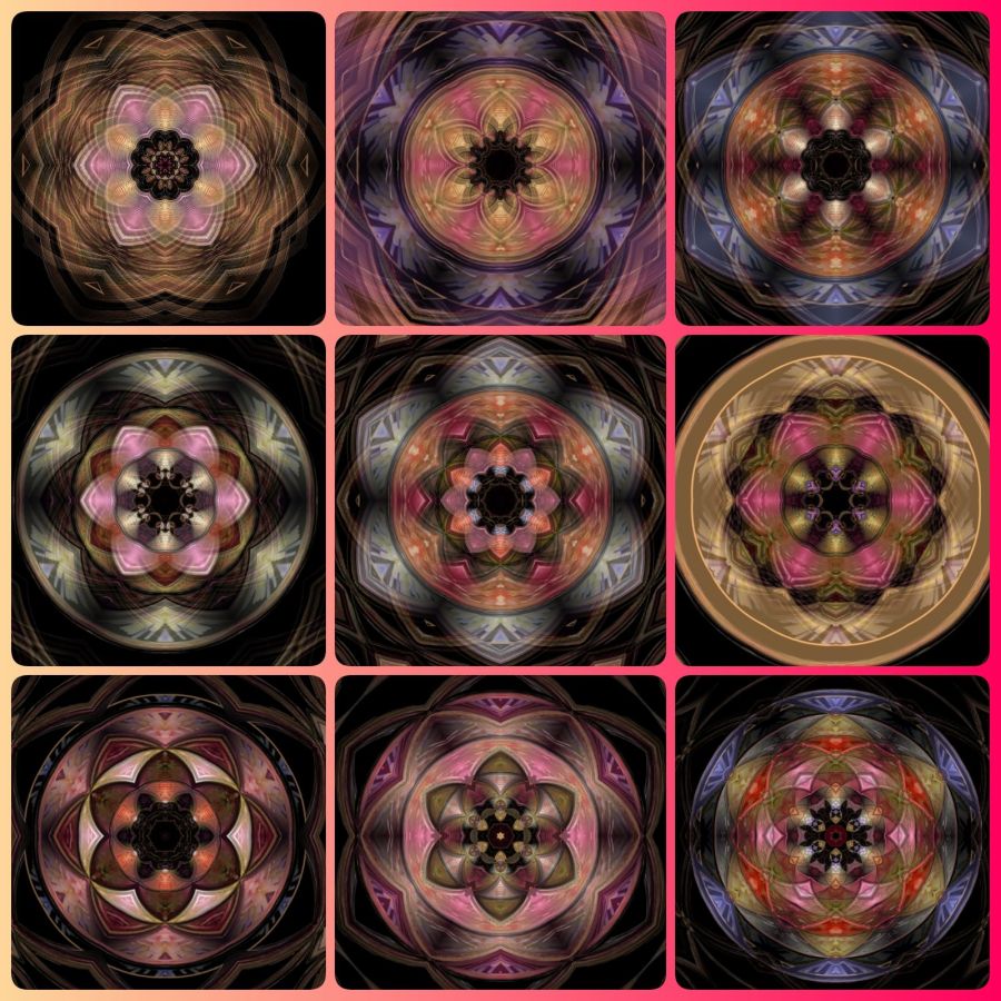 A collage of digital squared circle kaleidoscope mandalas created using the Mirror Lab app for Android. Each square is filled with a circle of various colors, including reds and golds and pinks and browns, and they have multiple crossover points that create beautiful mirrored designs. There are 9 squared circles in a collage of outlined squares created in the Photo Studio Pro app for Android.