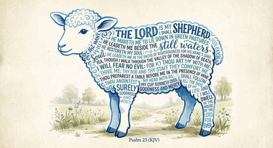 An antique white image with tiny blue wildflowers and a word cloud of the full text from Psalm 23 in the shape of a lamb. The text is in varying shades of blue in a variety of fonts. The image was created by Google Gemini with a request to put Psalm 23 into a word art image.