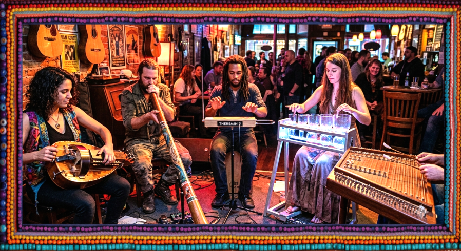 AI-generated artwork of four musicians performing with uncommon instruments: a hurdy-gurdy, didgeridoo, theremin, glass harmonica, and hammered dulcimer.