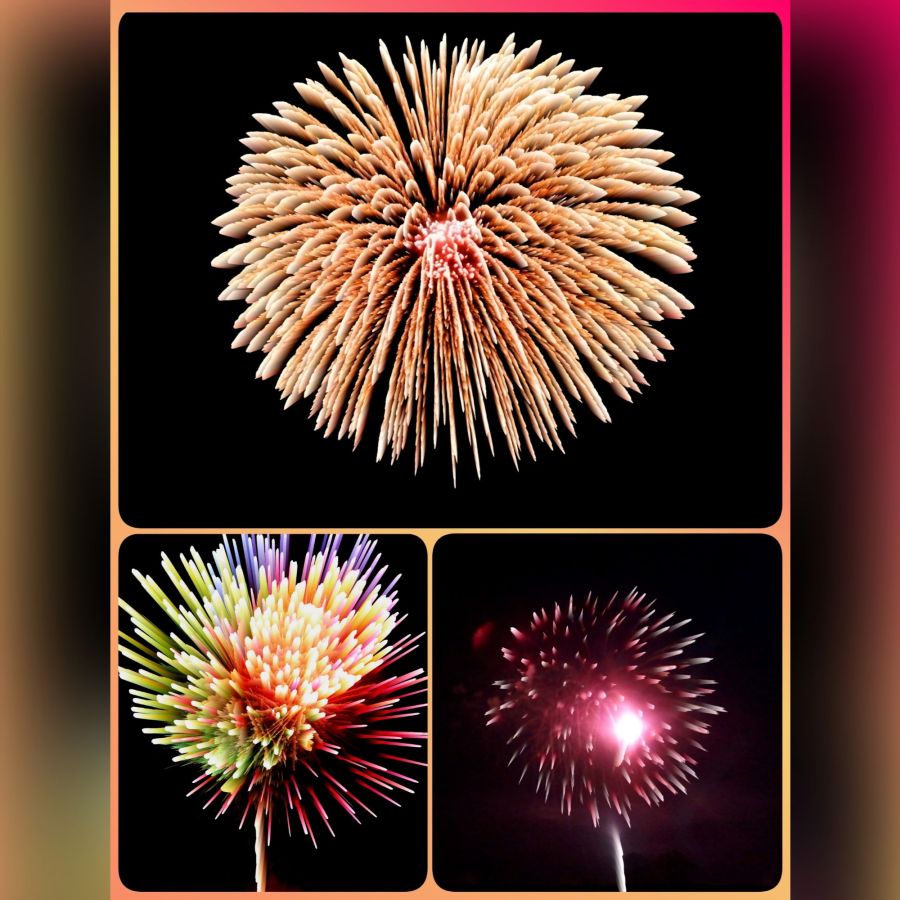 A collage of 3 fireworks images originally captured in 2013 and 2020 by much older cellphones. These have been edited and creatively manipulated before being placed in the collage together using the Photo Studio Pro app for Android. Part of the creative editing included the alchemy filters in the Mirror Lab app for Android where the filter builds up and stretches the points of light.