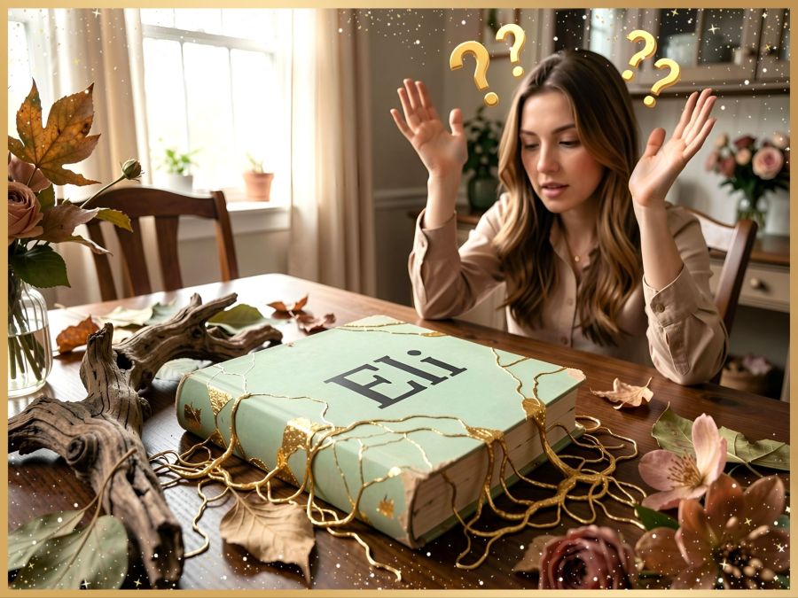 A digital image created by Wombo Dream AI using the botanical filter and the prompt: "A finished thick light green paperback novel with worn corners from intense reading sits on a dining room table. A one-word title says text:"Eli” on the cover. The woman who just finished it is sitting in a dining room chair at the table and looking at the book lying on the table. A few question marks circle around her head as she throws her hands up in the air and wonders why it ended as it did." The book isn't exactly paperback, but the gold foil vines and driftwood branches around the book look nice while displaying the title. I finished the image with a gold frame from Photo Studio Pro app for Android. 