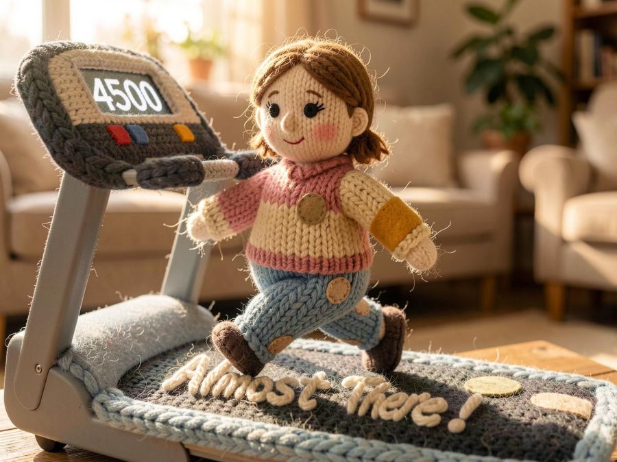 Digital image created by Wombo Dream AI of a cute knitted woman walking on a cute knitted treadmill. The treadmill screen has the number 4500 on it, and the walking surface has the words “Almost There” stitched right into it.