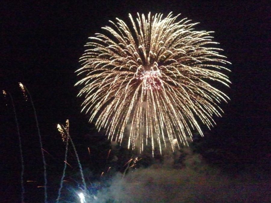 Mostly white exploding firework with lots of sparkle, but taken with an older cellphone, so lots of photo noise and elements of smoke that needed to be edited out.