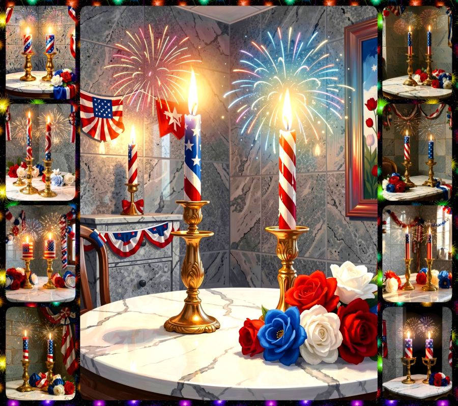 A collage of patriotic candle and fireworks images digitally created by Wombo Dream AI using the prompt: "2 patriotic Candles with red and white stripes plus white stars on blue like the USA flag. They are in ornate golden candlesticks burning with a soft glow that illuminates the air around them with sparkling fireworks. The candlesticks should be sitting on a beautifully polished high quality marble table and some silky patriotic flowers of red white and blue should be sitting on the table near the candles. The walls in the room should be gray granite stonework and festive patriotic decorations. The candle flames are peaceful and beautiful." 