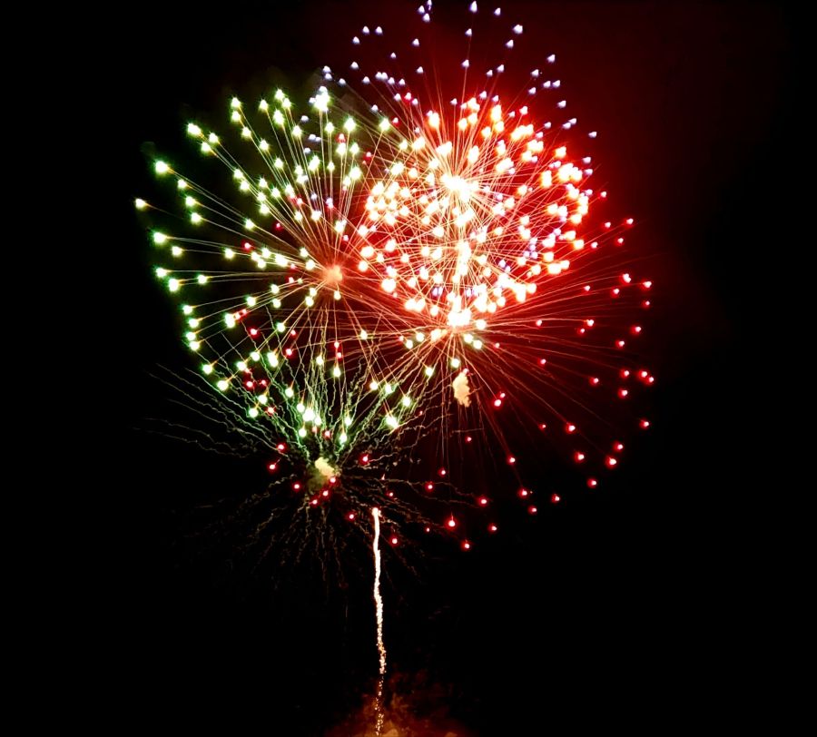 Triple fireworks in reds and greens with some editing before the major creative editing done in the Mirror Lab app for Android.