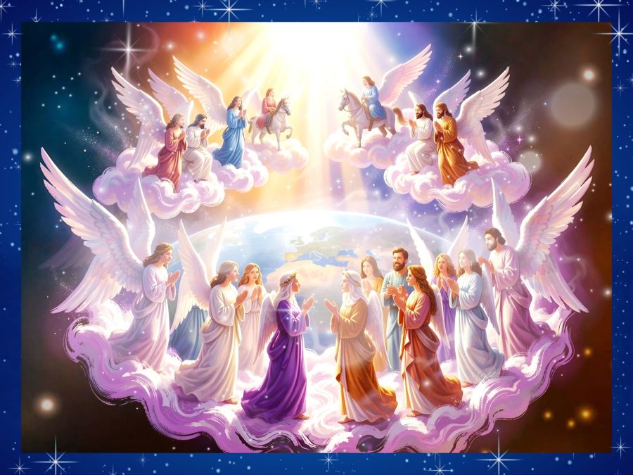 A digital image created by Wombo Dream AI using the prompt: "A view into Heaven where groups of angels are conversing with each other. Some angels are praying with each other. Some are speaking about the condition of the world. Some appear to be listening to the prayers rising up from the Earth. And some groups at higher levels in the clouds are standing on riders like small choirs singing unto The Lord. The whole place has bright rays of sunshine and a misty glitter flowing through the air. HDR and 3D brilliantly lit amazing atmosphere." I used the "Vibrant Void” filter, so the angels all have colorful robes, and the clouds swirl with purple and pink mist for an ethereal beauty.