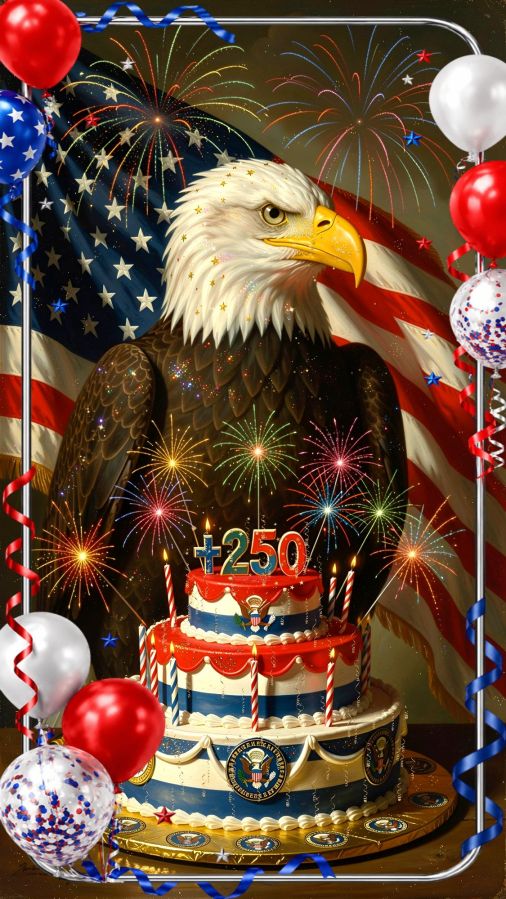 A digital image created by Wombo Dream AI of an eagle in front of an American flag and behind a patriotic birthday cake. I always try to add an eagle for my Vietnam veteran uncle who loves eagles and the USA. The exact prompt is: A USA bald eagle sitting majestically in front of the United States flag. Hints of glowing red and white and blue glisten and sparkle in his feathers and tiny glittering gold stars can be seen in the golden hue of his mighty beak. In front of him is a large birthday cake with +250 patriotic sparklers and fireworks and patriotic candles. It's a 3 tier red white and blue cake. The liner under the cake is gold foil with the great seal of the United States stamped repetitively around the edges. There is a faint overlay of colorful exploding fireworks above the eagle and in front of the flag.