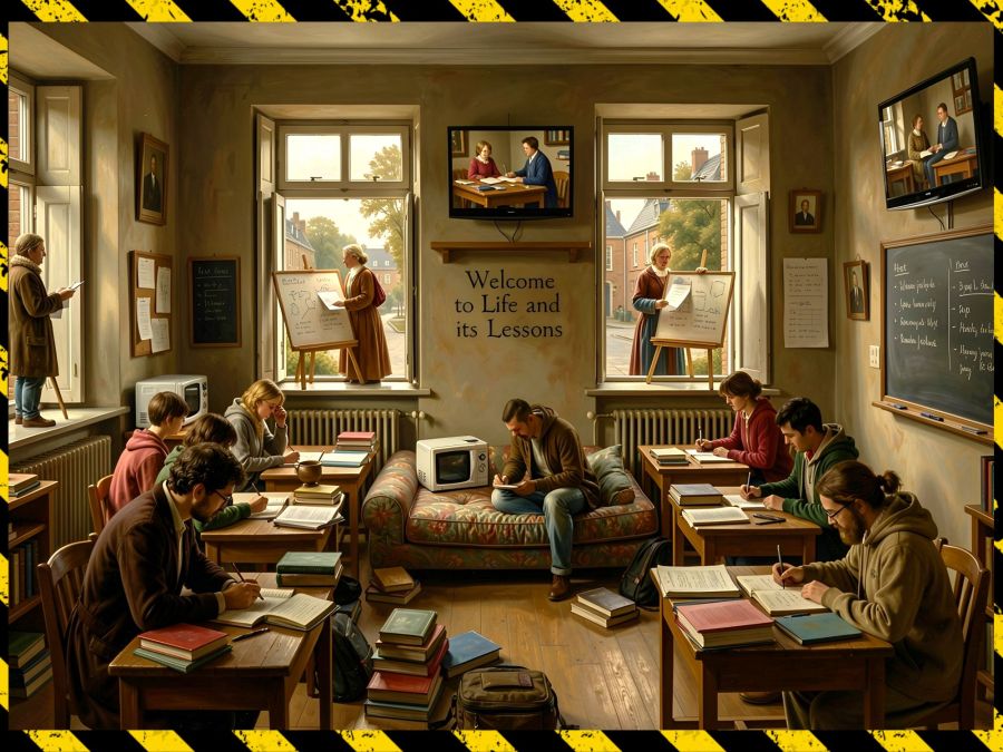 A digital image created by Wombo Dream AI using the following prompt: At the back of a classroom of students, a person has a futon and a microwave. They are sitting on the futon surrounded by books and notebooks where they are scribbling notes. Outside each window is a teacher with an easel and lessons written on the easel. On the walls of the classroom there are TVs also with teachers and easels with lessons. On one wall, you can read the words “Welcome to Life and its Lessons” as the classroom represents lifelong learning. 