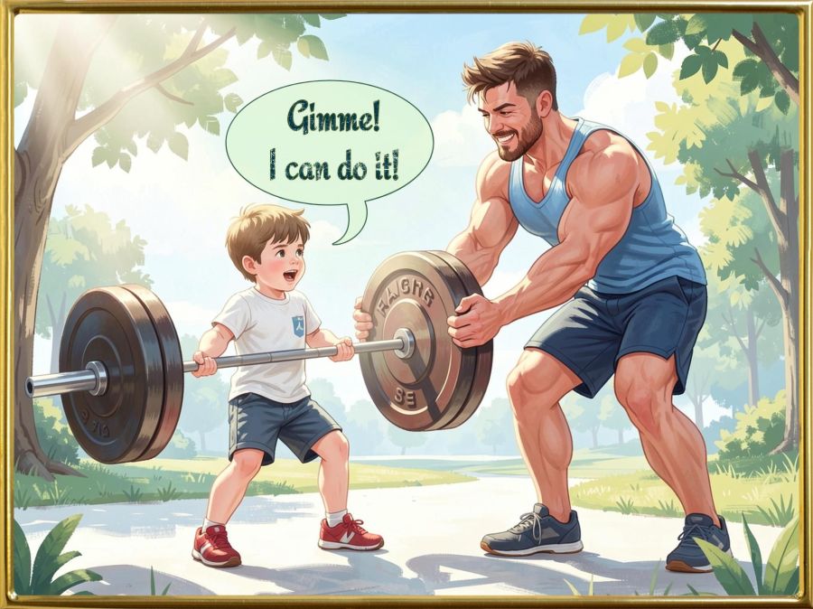 A digital image created by Wombo Dream AI using the "optimistic" filter. It's a picture of a little boy struggling to lift a heavy barbell with weights, and a huge strongman trying to help by taking the weights away. It represents the problem of making people weak by removing the hard things instead of supporting and spotting them while they build muscle doing the hard stuff. 