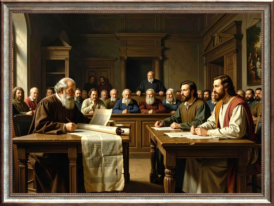 A courtroom scenario in the Baroque filter created by Wombo Dream AI. The prosecutor is reading the law from a partially unfurled Torah scroll while the defendant sits at a table with YahShua (Jesus) as his Defender. The judge, jury, and community look on from around the room. 