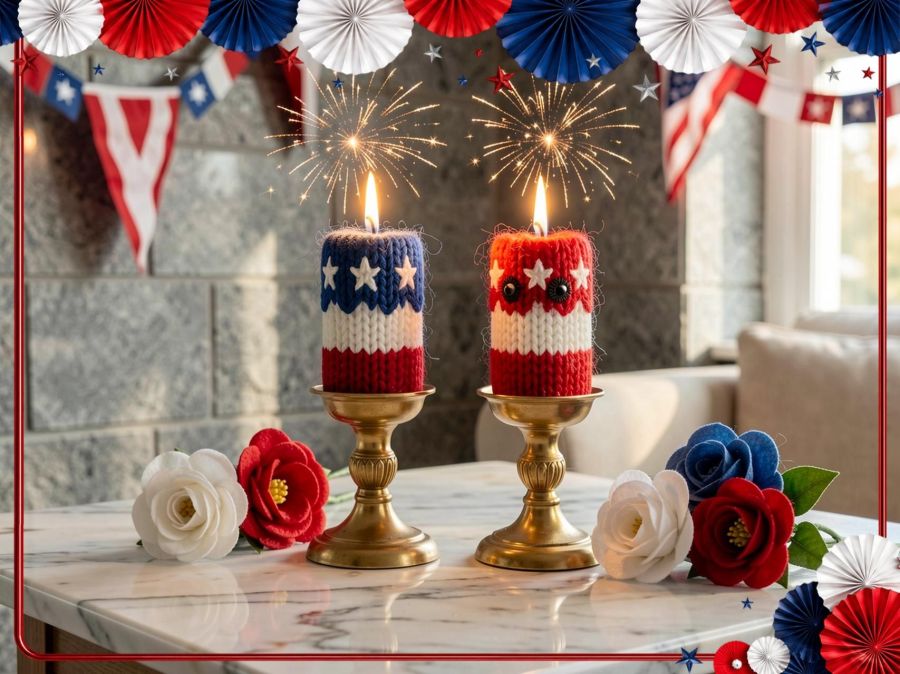 A cute knitted patriotic candle and fireworks image digitally created by Wombo Dream AI in their ”knitted v4" filter and using the prompt: "2 patriotic Candles with red and white stripes plus white stars on blue like the USA flag. They are in ornate golden candlesticks burning with a soft glow that illuminates the air around them with sparkling fireworks. The candlesticks should be sitting on a beautifully polished high quality marble table and some silky patriotic flowers of red white and blue should be sitting on the table near the candles. The walls in the room should be gray granite stonework and festive patriotic decorations. The candle flames are peaceful and beautiful." 