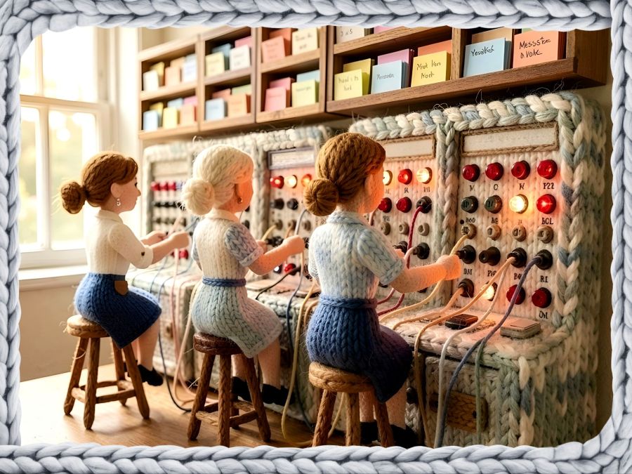 A light-hearted digital image created by Wombo Dream AI using the knitting filter and the following prompt: A row of old-fashioned PBX plug-in switchboards line a wall inside text:“Thrifty Telephone Answering Service” which has large front windows and sits on a very busy city street.  In front of each switchboard, a female operator in a blue and white uniform (blouse and skirt) sits on a tall stool and reaches for the cords to connect the ringing lines as seen by the white and red lights illuminated on the switchboards. Many lines are ringing, so operators are juggling many cords as they answer and place people on hold. Rows of wooden message boxes sit above the boards filled with colorful 3 x 5 index cards for taking messages from the callers.