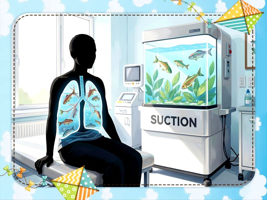 A digital image created by Wombo Dream AI using the "Optimistic" filter and the prompt: A look inside a pair of human lungs filled with water and fish swimming around in the water. The lungs are on a silhouette of a person sitting on an exam table in a doctor's office next to a big machine that is also filled with water with fish swimming around in it. On the outside of the machine is the word text:"SUCTION"