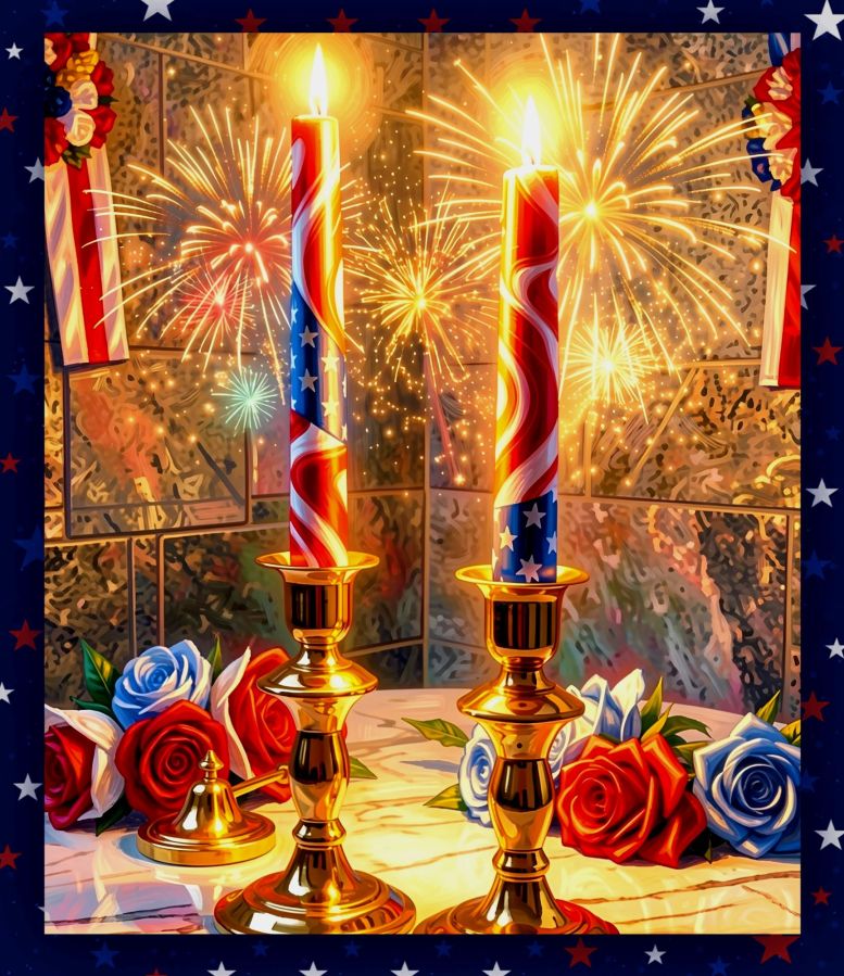 A swirl of red and white stripes set off by a strip of blue with white stars covers these Sabbath candles with a patriotic color scheme. A digital image created by Wombo Dream AI using the following prompt: 2 patriotic Candles with red and white stripes plus white stars on blue like the USA flag. They are in ornate golden candlesticks burning with a soft glow that illuminates the air around them with sparkling fireworks. The candlesticks should be sitting on a beautifully polished high quality marble table and some silky patriotic flowers of red white and blue should be sitting on the table near the candles. The walls in the room should be gray granite stonework and festive patriotic decorations. The candle flames are peaceful and beautiful.